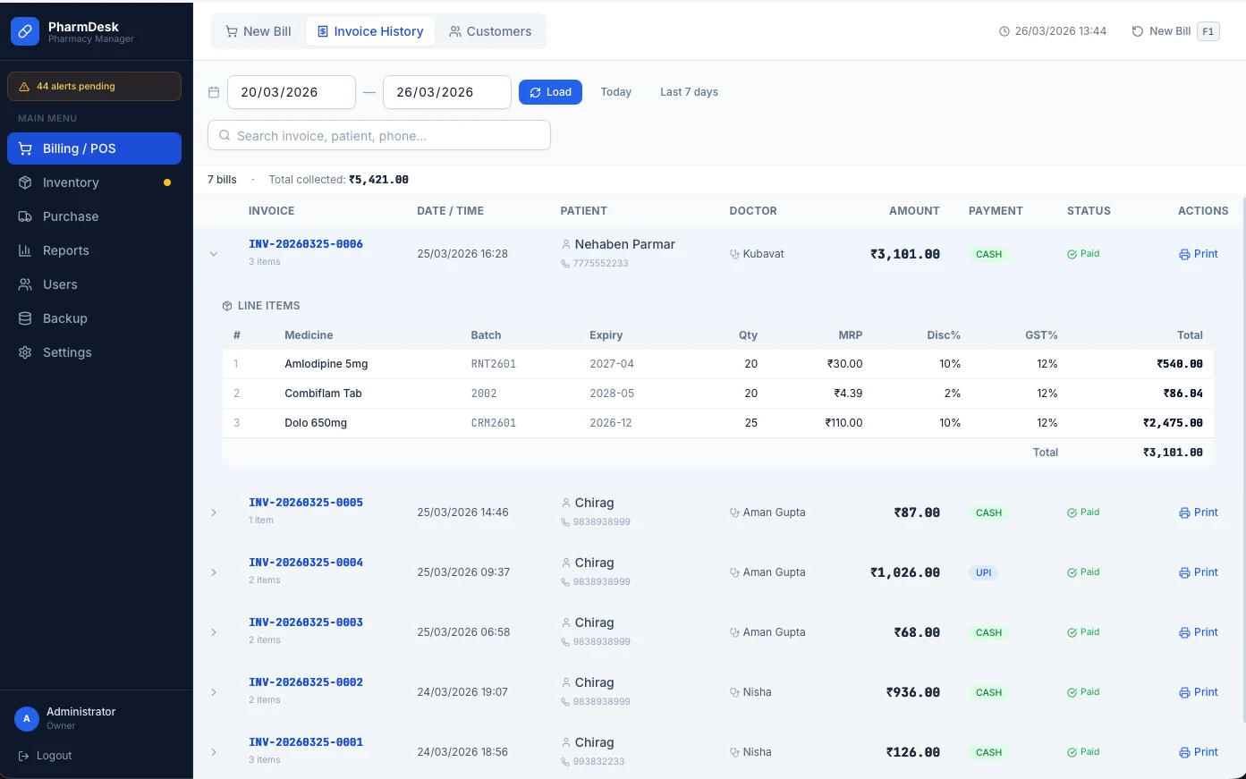 PharmDesk invoice history showing bill details, line items, payment status, and print actions