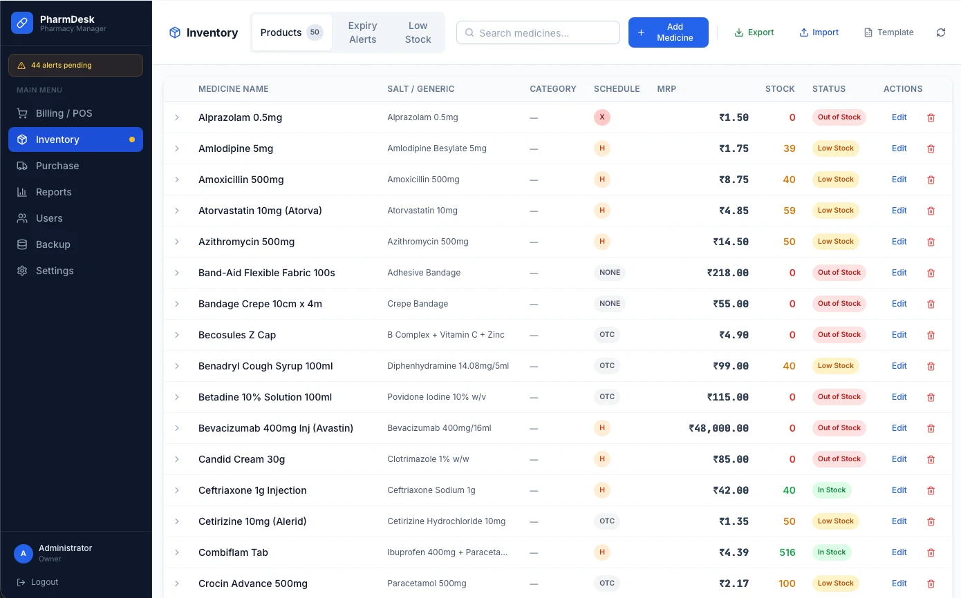 PharmDesk inventory management screen with stock levels, medicine details, expiry alerts, and low-stock status