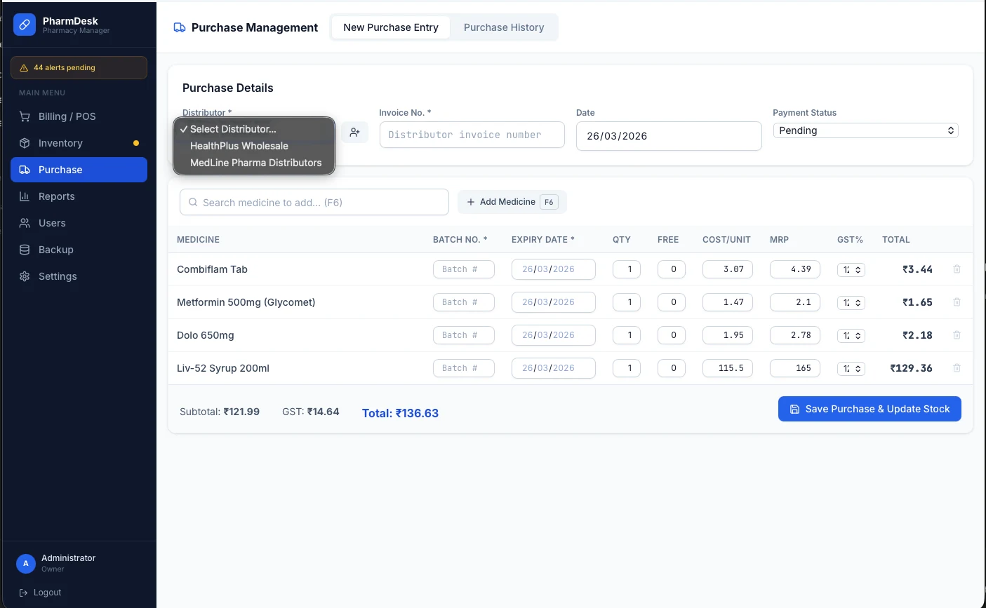 PharmDesk purchase management screen with distributor selection, batch numbers, expiry dates, and stock update controls